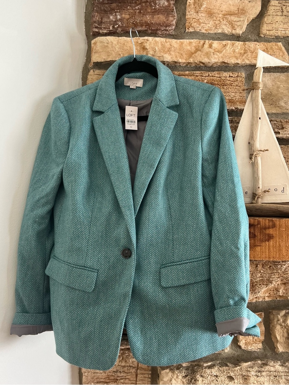 LOFT Teal Herringbone Single-Button Blazer